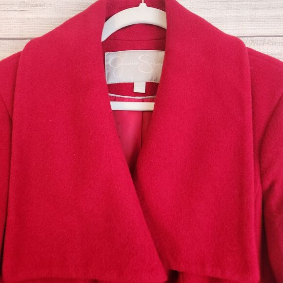 Jessica Simpson Large Wool Blend Long Winter Fall Red Coat W/belt - Picture 4 of 9